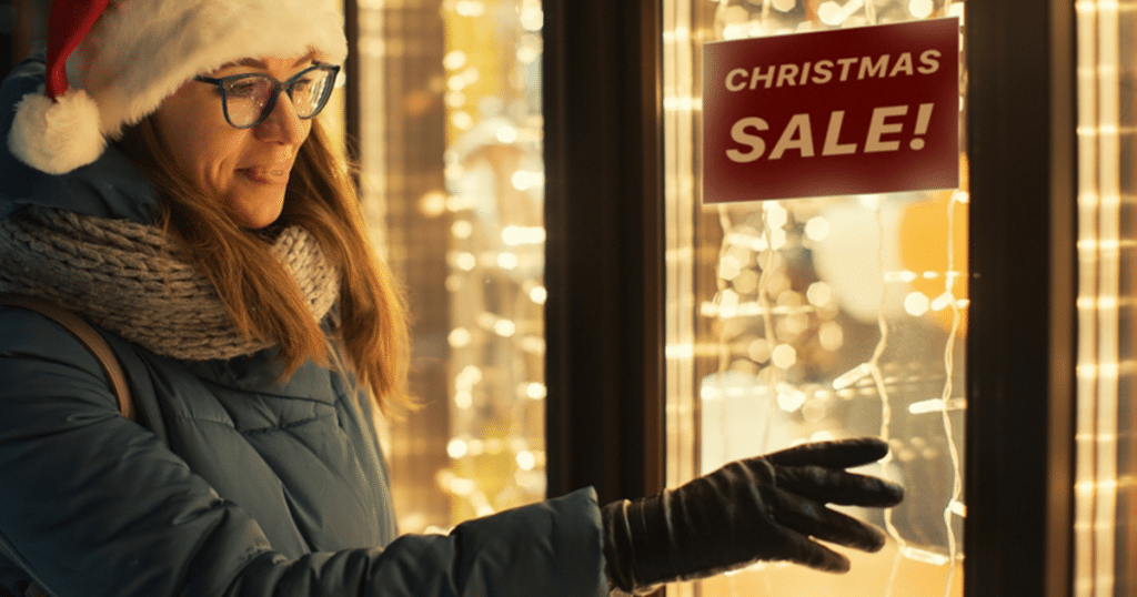 woman with winter outfit looking through a store window at a christmas sale