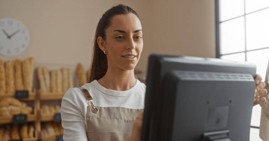 Woman looking at a screen for the best POS system.